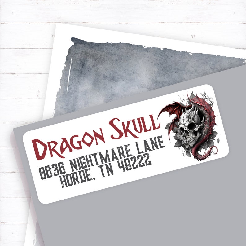 Dragon and Skull Address Label, Dragon Address Sticker, Skull Mailing Label, Dragon Skull Envelope Sicker, Fantasy Dragon Sticker, Dragon image 1