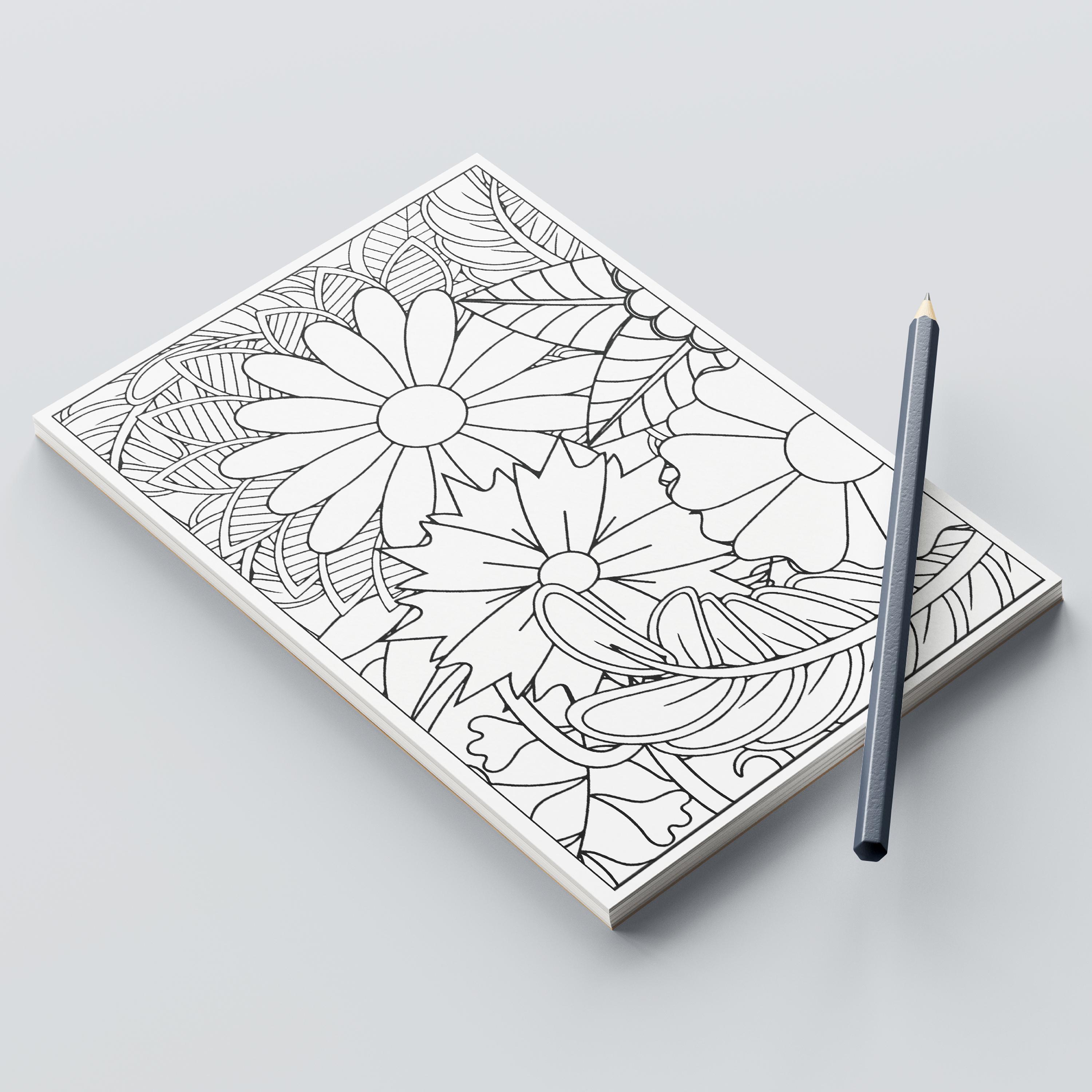 Floral Coloring Notepad, Adult Coloring Book, Half Page to Color, 5.5x8 ...