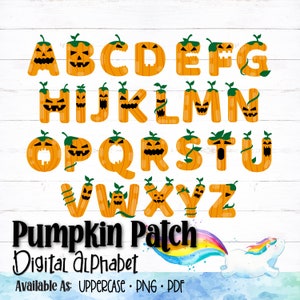 Alfabeto digital divertido de abóbora, letras fofas de abóbora de Halloween, alfabeto divertido de quadro de avisos, alfabeto de férias, alfabeto PDF, letras PNG