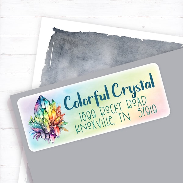 Colorful Boho Crystal Address Label, Rainbow Wiccan Crystal Address Sticker, Watercolor Crystal Envelope Label, Witchy Mailing Label, Pagan
