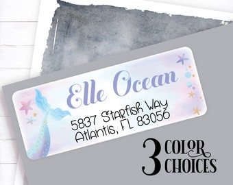 Mermaid Girl Address Labels, Watercolor Pastel Stickers