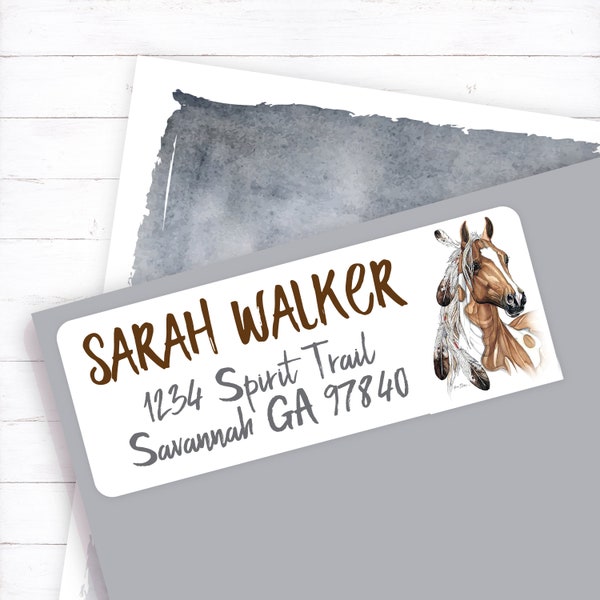 custom return, address labels, personalized return, address stickers, personalized address, paint horse, spirit horse, indian war horse
