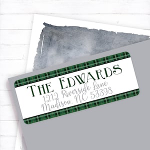 Green plaid address label christmas cards, holiday plaid christmas label, holiday tartan christmas sticker, scottish plaid, return address