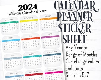 Colorful Monthly Calendar Planner Stickers, Small monthly calendars for planners, labels for planners, Sunday Start Calendar Stickers, Month