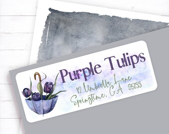 Purple Tulips Address Label, Spring Showers Umbrella Address Sticker, Spring Tulip Mailing Label, Spring Floral Envelope Sticker, Tulip Love