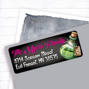May include: Black and white return address label with a green potion bottle and skull and crossbones. The text reads "The Myers Family, 8714 Scream Street, Evil Forest, MN 38575".