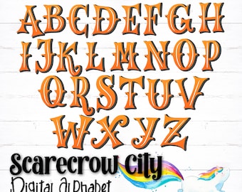 Scarecrow Printable Digital Alphabet Letters, Halloween Letters, Scary Alphabet, Halloween Alphabet, PNG Alphabet, Orange, Halloween Crafts