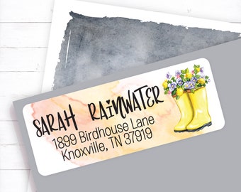 spring flowers in yellow rainboots return address labels, spring floral pansies address sticker, Watercolor country floral return address