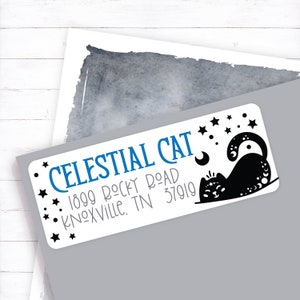 Celestial Cat Return Address Label, Witchy Cat, Witch Familiar, Witch Cat, Black Cat, Gothic Cat, Cat Moon Envelope Sticker, Magic Cat