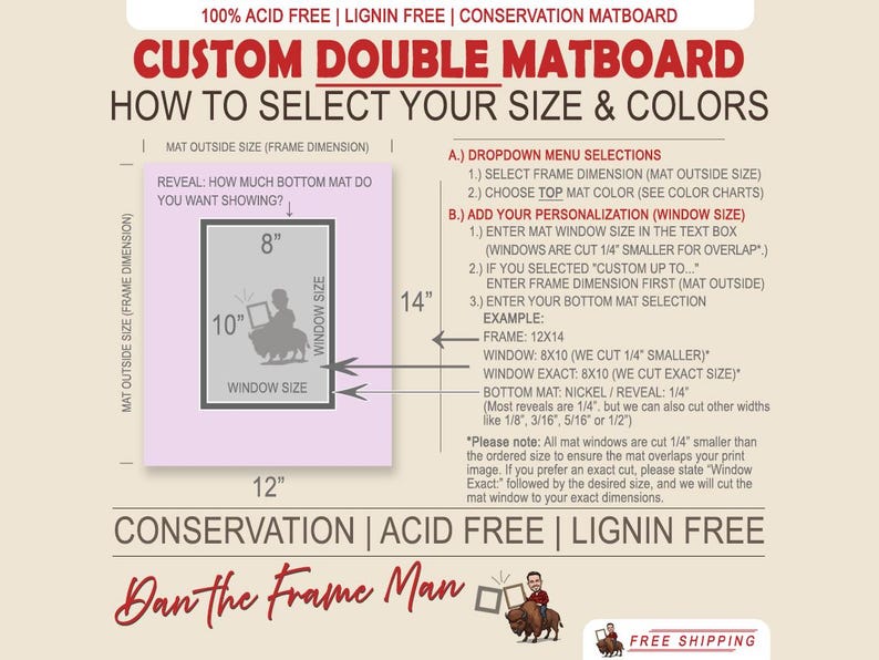 Custom Double Mat: Acid-Free Matboard, Any Size & Opening, Choose 2 Colors bild 2
