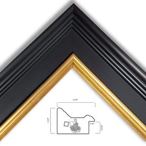 May include: A black picture frame with a gold trim. The frame is 2 1/4 inches wide, 1 1/2 inches tall, and 5/16 inches deep.