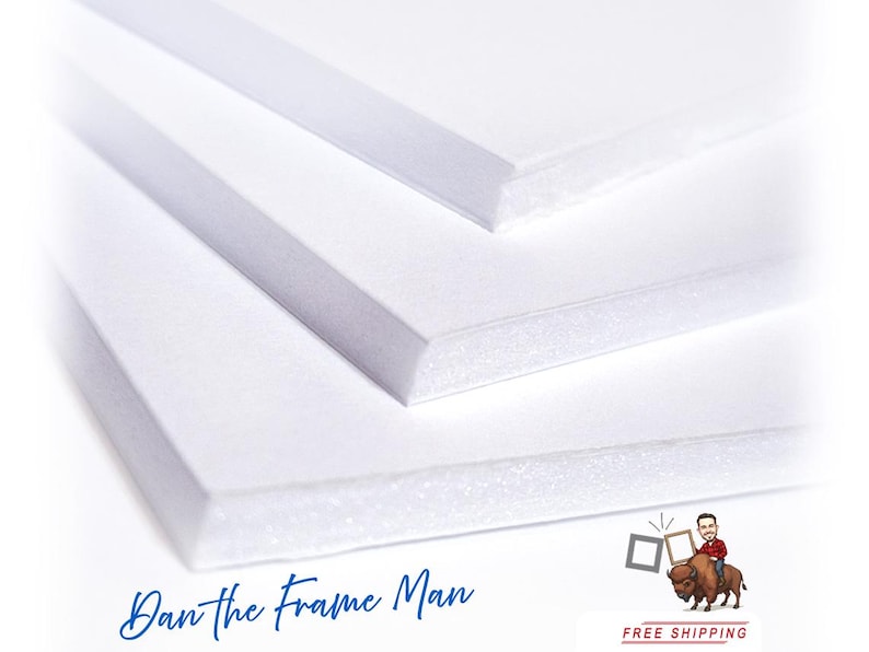 May include: Three white foam core boards stacked on top of each other. The boards are smooth and have a white, slightly textured surface. The boards are used for framing and mounting artwork.