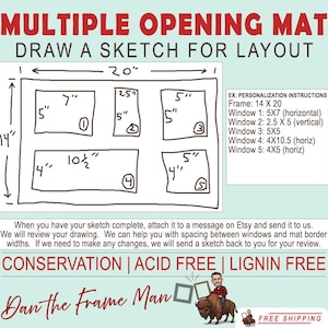 May include: A diagram for a multiple opening mat, with dimensions of 14 x 20 inches. The sketch includes five rectangular window cutouts with labeled dimensions. Text at the top reads "MULTIPLE OPENING MAT" and "DRAW A SKETCH FOR LAYOUT."