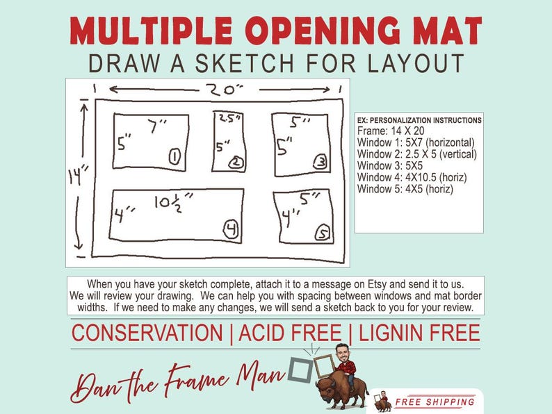 May include: A diagram for a multiple opening mat, with dimensions of 14 x 20 inches. The sketch includes five rectangular window cutouts with labeled dimensions. Text at the top reads "MULTIPLE OPENING MAT" and "DRAW A SKETCH FOR LAYOUT."