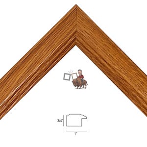 May include: A wooden picture frame with a 3/4 inch by 1 inch profile. The frame is a light brown color with a wood grain texture.