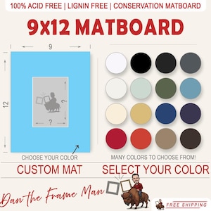 May include: A 9x12 inch custom matboard for framing, with a variety of colors to choose from. The image shows a blue matboard with a silhouette of a person riding a buffalo. The text "Choose Your Color" and "Custom Mat" are visible.