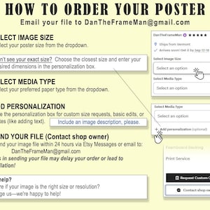 May include: A guide titled "HOW TO ORDER YOUR POSTER" with instructions on selecting image size, media type, and adding personalization. Includes a request to send the file and contact information. The image also shows options for custom orders.