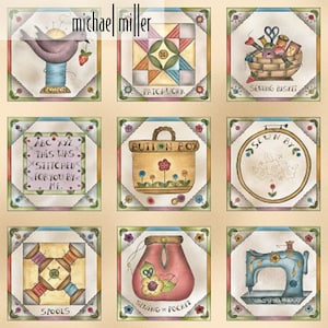 May include: Nine colourful squares with images and text related to sewing. The squares feature images of a bird with a spool of thread, a patchwork quilt, a sewing basket, a button box, a hoop with the text "Sewn By", spools of thread, a sewing pocket, and a sewing machine.