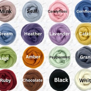 May include: A selection of dyed wool roving in a range of colours, such as Mink, Seal, Candyfloss, Cornflower, Dream, Heather, Lavender, Catkin, Sage, Amber, Peppermint, Granite, Ruby, Chocolate, Black, and White. Each colour is labelled.