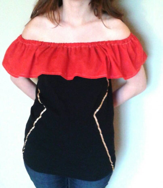 red ruffle top off shoulder