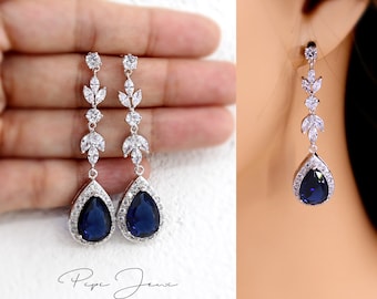 Wedding Earrings Sapphire Navy blue Platinum Zircon Earrings Bridesmaid Earrings Bridal Earrings Wedding Accessory Teardrop Earrings Adi Ju