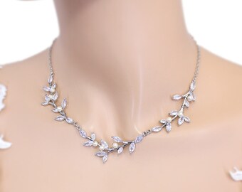Vine Wedding Necklace Earrings set Bridal earrings Zircon Backdrop Necklace Swarovski Pearl Rose gold Bridal Jewelry Bridal Necklace set Eva