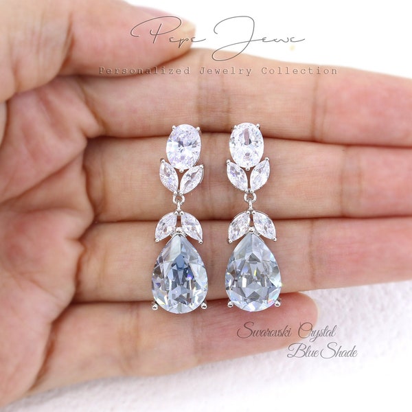 Wedding Earrings Swarovski Blue shade Crystal Zirconia Earrings Pale Blue Gray Bridesmaid Earrings Bridal Earrings Teardrop Earrings Yan