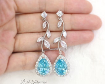 Leaf Wedding earrings Sky Blue Light Turquoise Zircon Vine Backdrop necklace Wedding Bridal Jewelry Bridal Bridesmaid Earrings set Eva