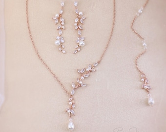 Rose Gold Wedding Leaf Necklace Earrings Bracelet Backdrop Swarovski Pearl Zirconia Vine Bridal Jewelry Bridesmaid Gift Y Necklace Eva