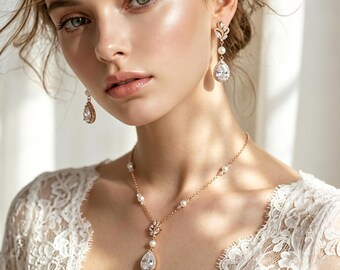 Wedding Rose gold Teardrop Zirconia Wedding Necklace Earrings Backdrop Bracelet Swarovski Pearl Bridesmaid Gift for her Prom Necklace Ada