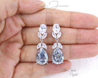 Wedding Earrings Swarovski Blue shade Crystal Zirconia Earrings Pale Blue Gray Bridesmaid Earrings Bridal Earrings Teardrop Earrings Yan