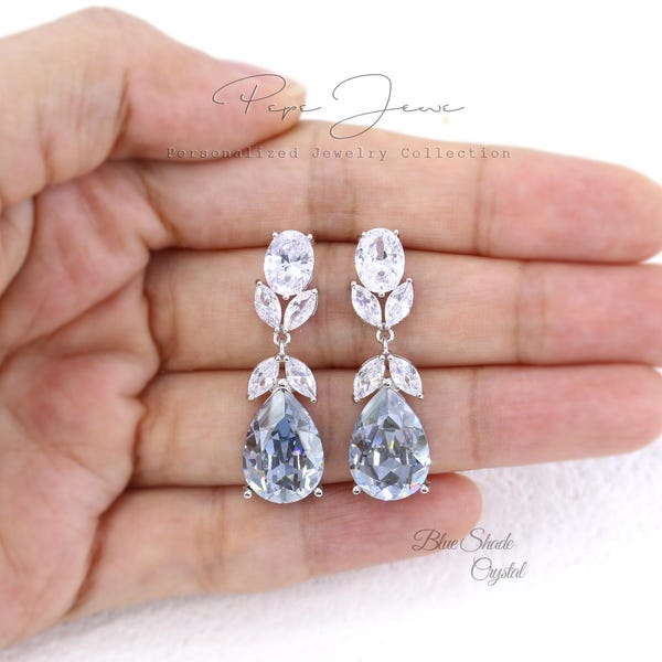 Wedding Earrings Swarovski Blue shade Crystal Zirconia Earrings Pale Blue Gray Bridesmaid Earrings Bridal Earrings Teardrop Earrings Yan