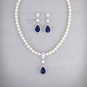 Sapphire Blue Wedding Necklac Earrings Swarovski Pearl Bridesmaid Earrings Gift Light Turquoise Bridal Jewelry Crystal Bridal Necklace