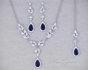 Wedding Necklace set Earrings Bridal earrings set Sapphire Navy Blue Backdrop Necklace Wedding Jewelry set Bridesmaid Bridal Necklace Ivy