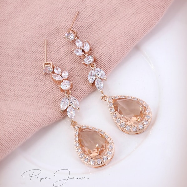 Wedding Earrings Peach Morganite Zirconia Earrings Bridesmaid Earrings Gift Bridal Earrings Wedding Accessory Teardrop Earrings Adi Ju