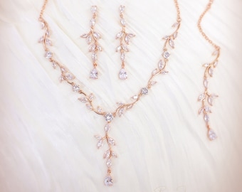 Rose Gold Leaf Bridal Necklace, Earrings, Bracelet, Hair Comb , Zirconia Wedding Jewelry, Eva