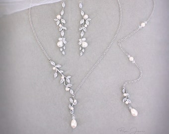 Vine Wedding Necklace Earrings set Bridal earrings Zircon Backdrop Necklace Swarovski Pearl Rose gold Bridesmaid Gift Bridal Necklace Eva