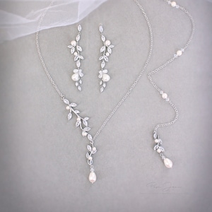 Vine Wedding Necklace Earrings set Bridal earrings Zircon Backdrop Necklace Swarovski Pearl Rose gold Bridesmaid Gift Bridal Necklace Eva