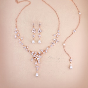 Collana da sposa con vite, orecchini, perle Swarovski, collana con sfondo nuziale, gioielli da sposa, gioielli da damigella d&#39;onore, collana da sposa Eva