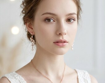 Rose Gold Vine Wedding Earrings Leaf Necklace Backdrop Bracelet Swarovski Pearls Zirconia Bridal Jewelry Bridesmaid Gift for her Eva