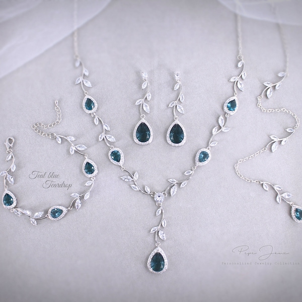 Vine Wedding Necklace earrings set Sapphire Teal Blue Zircon Necklace Backdrop Bridesmaid Gift Bridal Emerald green Earrings Garnet red Eva