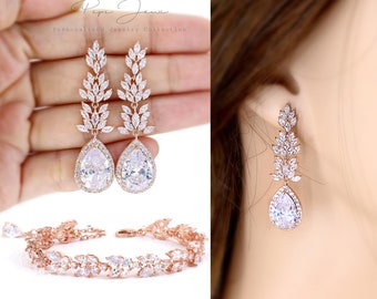 Wedding Bracelet Earrings set Zirconia Rose gold Bracelet Earrings Wedding Jewelry Bridal Jewelry Bridesmaid Bracelet Gifts set Fay