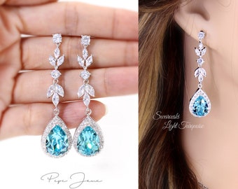 Wedding Earrings Swarovski Light Turquoise Crystal Zircon Ear hooks Blue Bridesmaid Earrings Bridal Earrings Teardrop Earrings Adi Rei