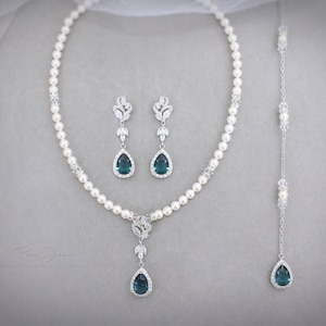 Wedding Necklace earrings set Sapphire Navy Blue Zirconia Necklace Backdrop Bridesmaid Gift Bridal Bridesmaid Earrings Swarovski Pearl Ada