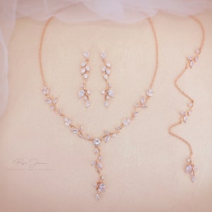 Vine Wedding Necklace Floral leaf Backdrop necklace Zircon Bridal Jewelry set Bridal crystal Necklace Bridesmaid Necklace Earrings Gift Eva