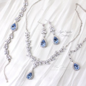 Wedding Necklace Zirconia Blue Necklace Swarovski Light Turquoise Crystal Bridal Jewelry Bridal Backdrop Necklace Bridesmaid Necklace Joy