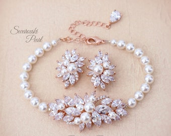 Wedding Bracelet Swarovski Pearl Zirconia Rhinestone Bracelet Bridesmaid Rose gold Bridal Bracelet Wedding Jewelry Wedding Accessory Emma