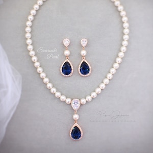 Sapphire Blue Wedding Necklac Earrings Swarovski Pearl Bridesmaid Earrings Gift Light Turquoise Bridal Jewelry Crystal Bridal Necklace