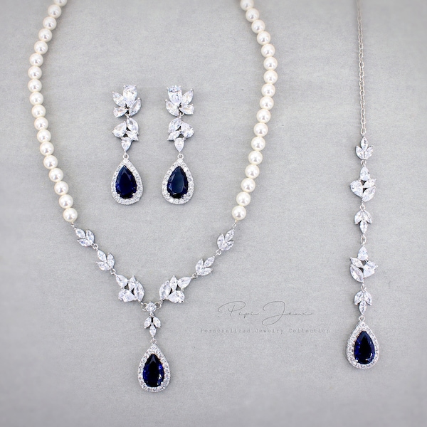 Sapphire blue Wedding Necklace set Swarovski Crystal Pearl Zirconia Backdrop necklace earrings set Bridal Necklace earrings bracelet Ivy