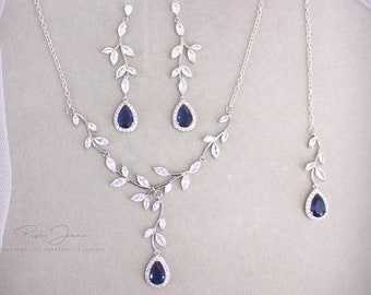 Leaf Bridal Jewelry Set Sapphire Blue Wedding backdrop necklace earrings Rose Gold Navy Blue Vine Wedding Jewelry Cubic Zirconia Eva